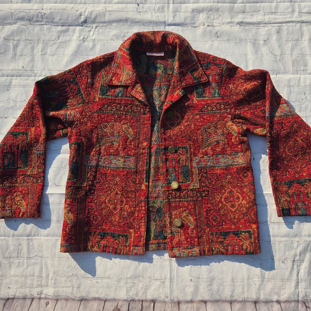 Vintage 90's boho elephant motifs tapestry blazer jacket wearable art small
